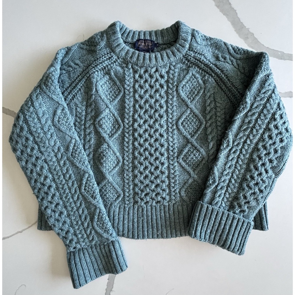 Pendleton 100% Wool Cable Knit Chunky Cropped Fisherman Sweater Teal Small